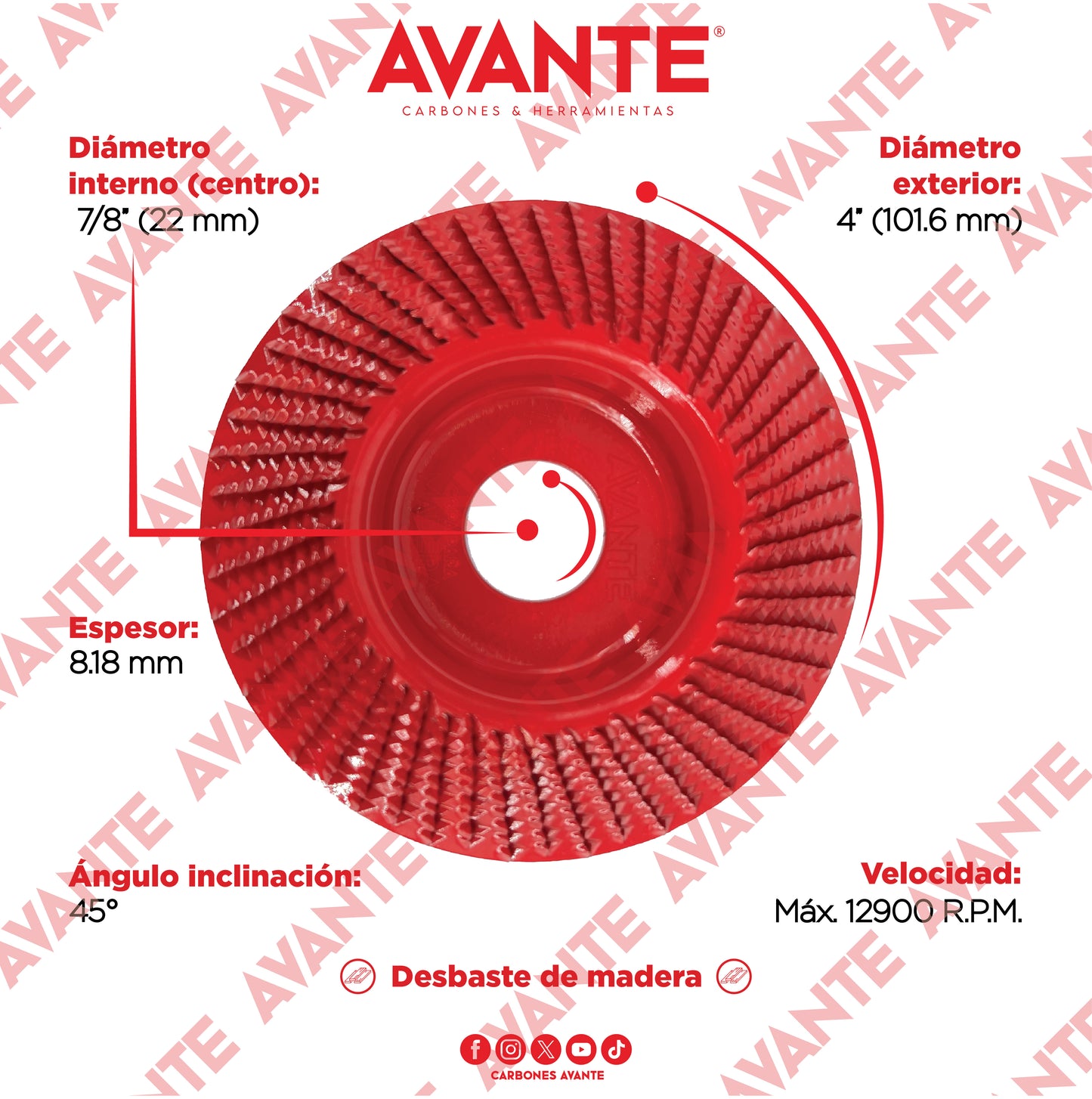 Disco Avante Copa Biselada Para Desbaste de Madera 4" Centro 7/8" (13000 RPM) - 1 Pieza
