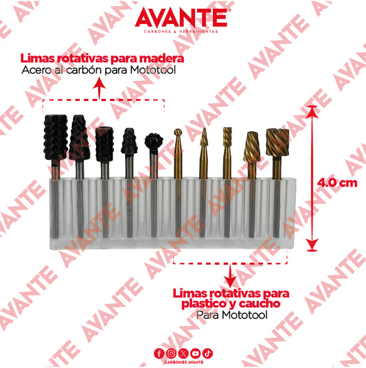 Juego De Fresas Rotativas Avante Para Mototool Vástago 3 mm - 10 Piezas