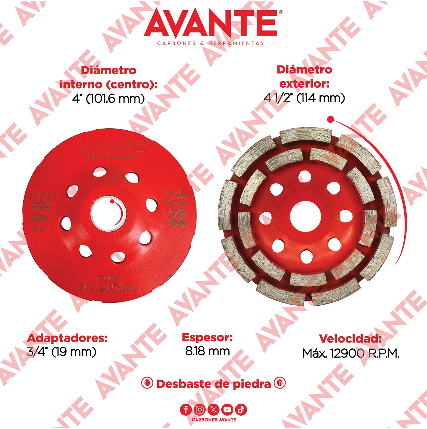 Copa Diamantada Avante 4-1/2" (18 Segmentos) para Desbaste de Concreto - 1 Pieza