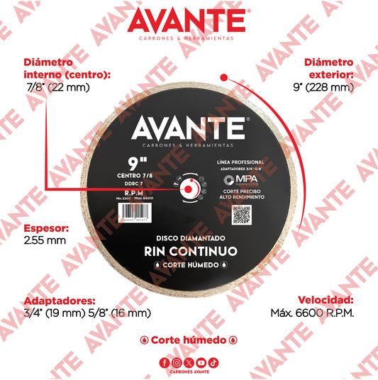 Disco Diamantado Avante Rin Continuo 9" Corte Húmedo (6600 RPM) - 1 Pieza