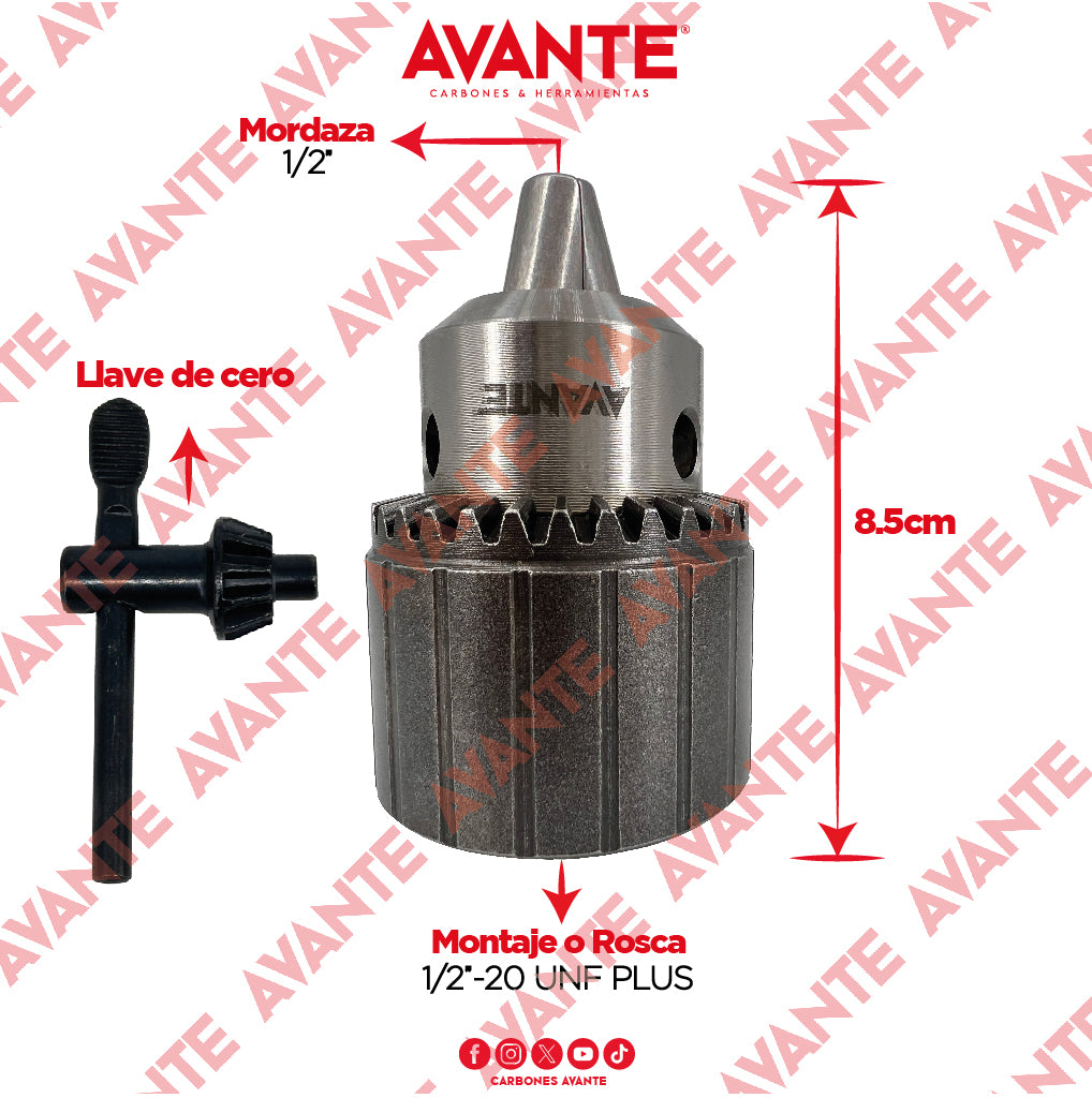 Broquero Industrial Avante Uso Rudo Con Llave 1/2" x 1/2"-20 UNF PLUS (1.0-13mm) - 1 Pieza