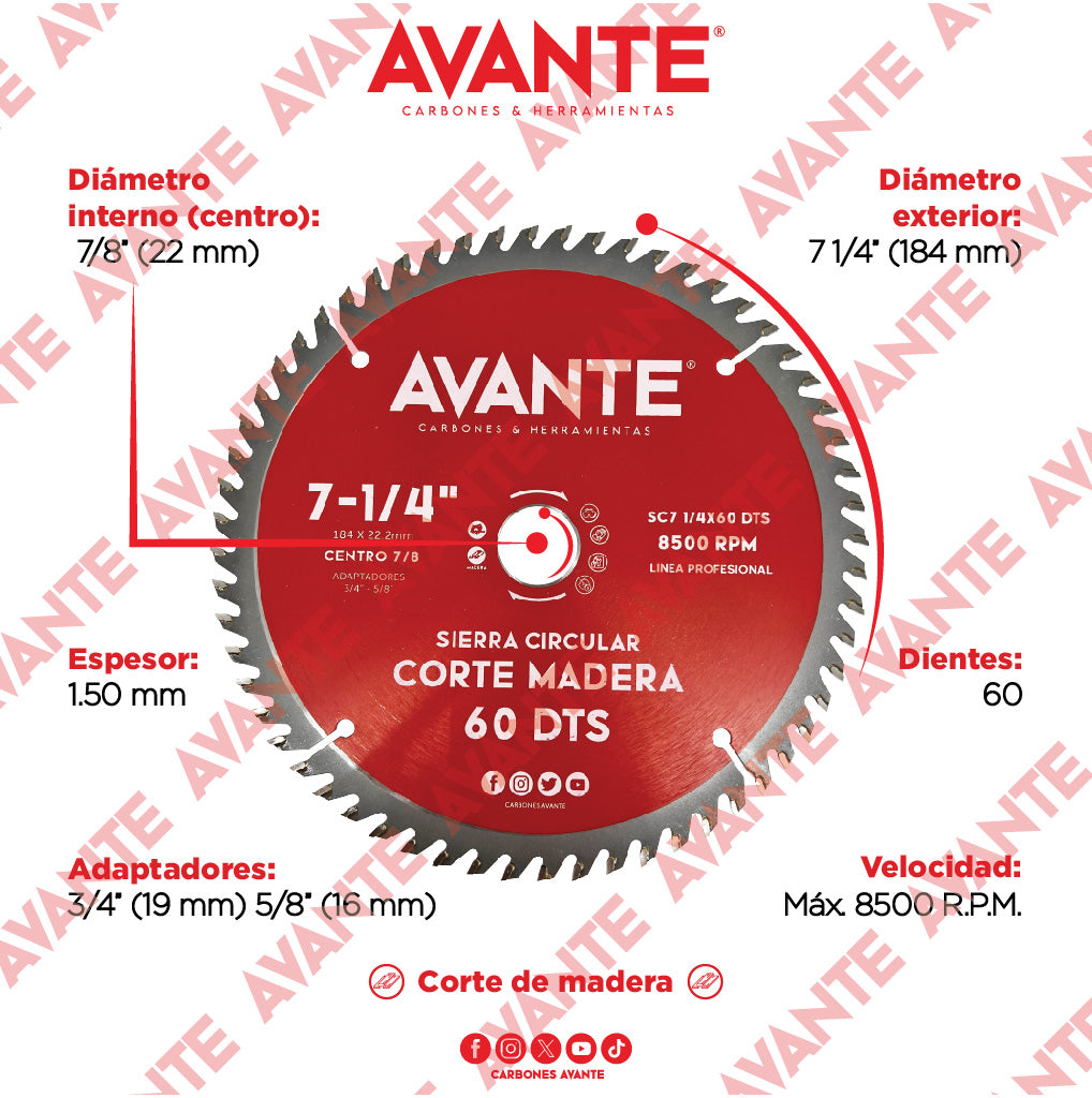 Sierra Circular Avante Para Madera 7-1/" 60 Dientes (Carburo de Tungsteno) - 1 Pieza