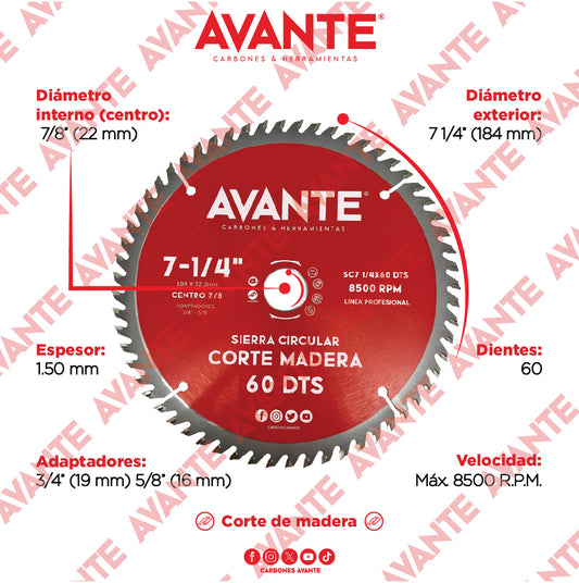 Sierra Circular Avante Para Madera 7-1/" 60 Dientes (Carburo de Tungsteno) - 1 Pieza