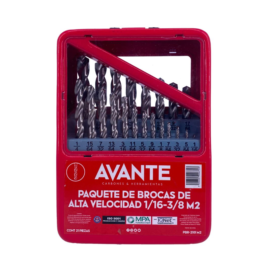 Paquete de Brocas Avante Alta Velocidad Acero M2 HSS (1/16" a 3/8") - 21 Piezas
