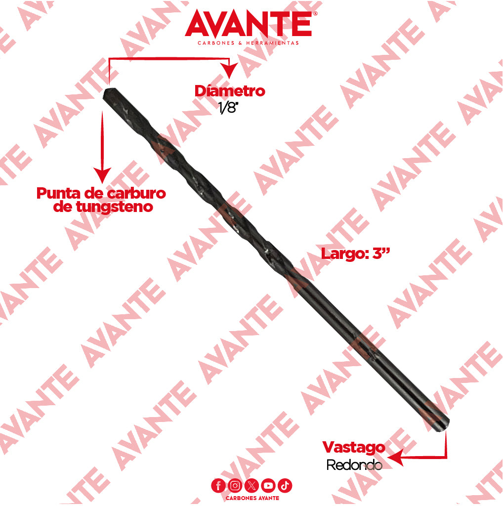 Broca Avante Para Concreto 1/8" x 3" Vástago P3 - Paquete 10 Piezas
