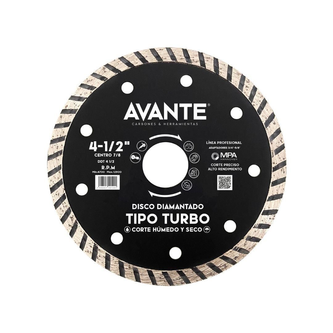 Disco Diamantado Avante Tipo Turbo 4-1/2" Corte Seco y Húmedo (13000 RPM) - 1 Pieza