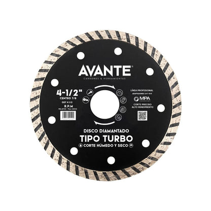 Disco Diamantado Avante Tipo Turbo 4-1/2" Corte Seco y Húmedo (13000 RPM) - 1 Pieza