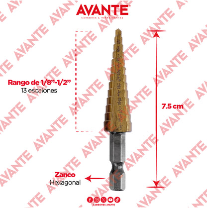 Broca Escalonada Avante Acero M2 HSS 1/8" a 1/2" - 1 Pieza