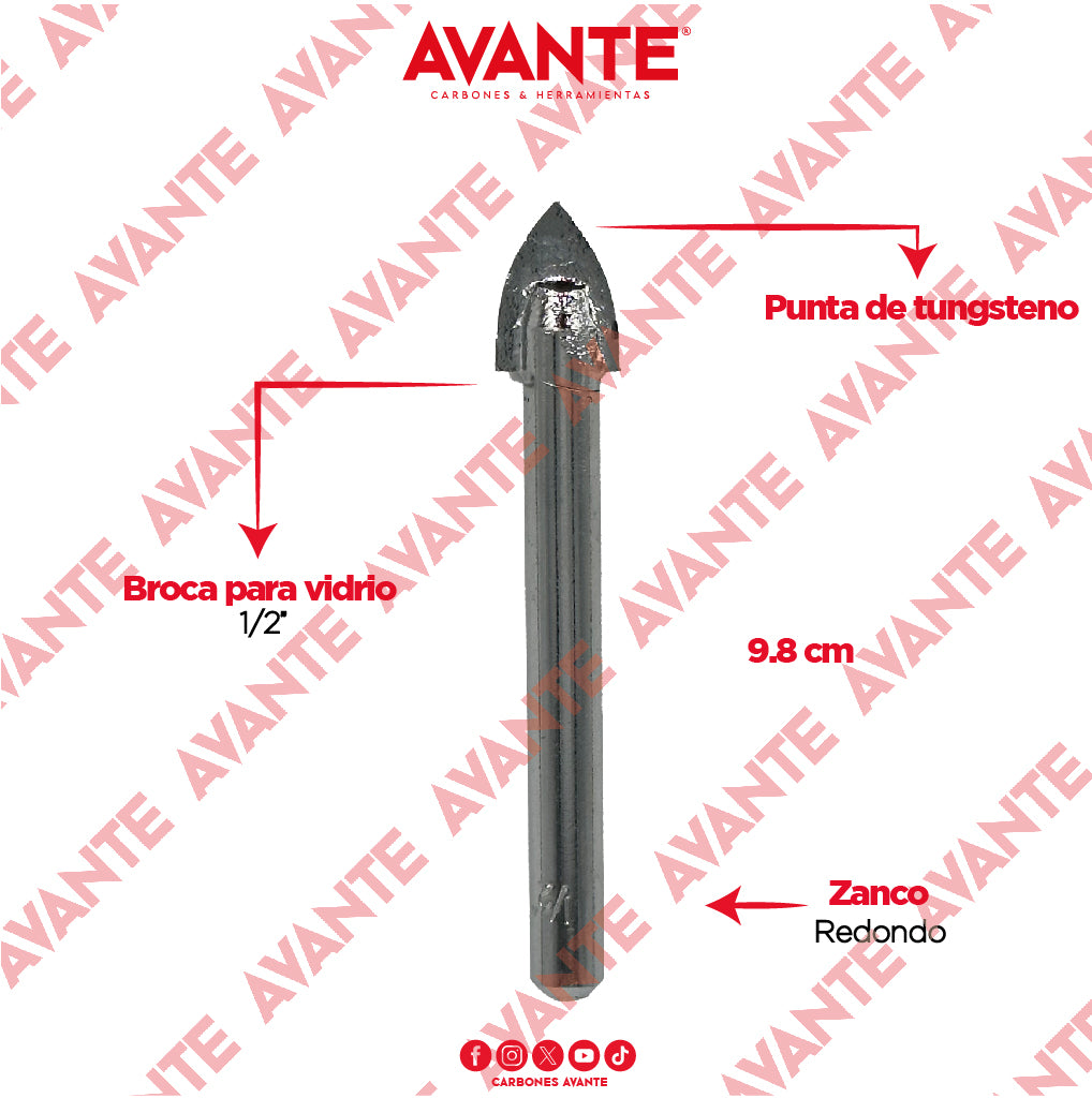 Broca Avante Para Vidrio y Cerámica 1/2" Punta de Carburo - 1 Pieza