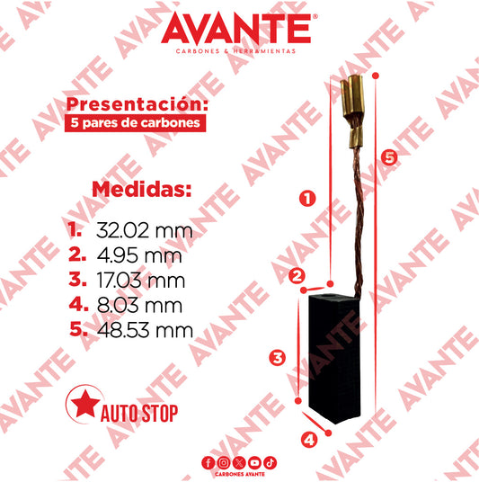 Carbones Avante Para Mini Esmeriladora y Caladora BOSCH (CAP-20) - Paquete 5 Pares