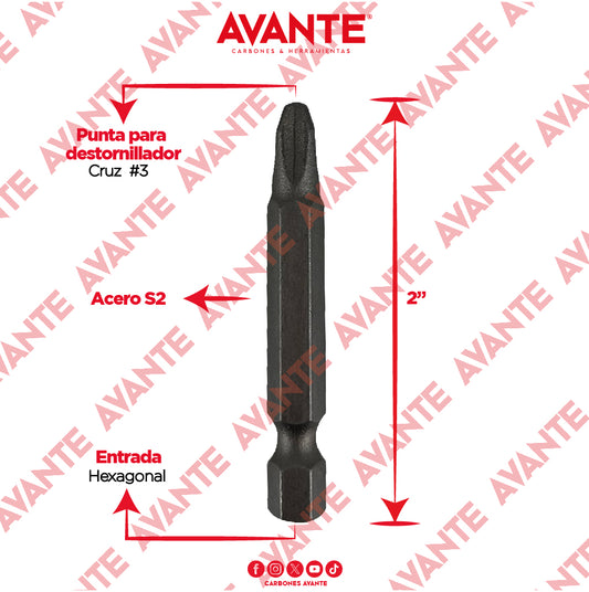 Puntas Magnéticas Avante Destornillador Cruz #3 x 2" Acero S2 - Paquete 10 Piezas