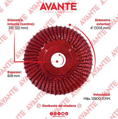 Disco Avante Copa Redonda Para Desbaste de Madera 4" Centro 7/8" (13000 RPM) - 1 Pieza