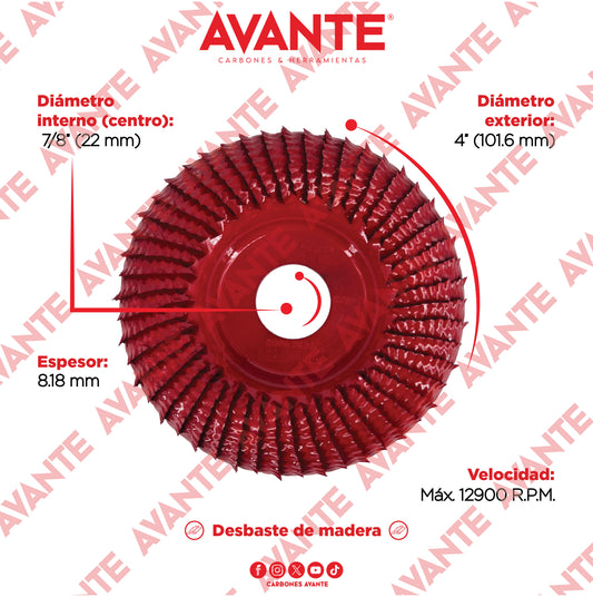 Disco Avante Copa Redonda Para Desbaste de Madera 4" Centro 7/8" (13000 RPM) - 1 Pieza