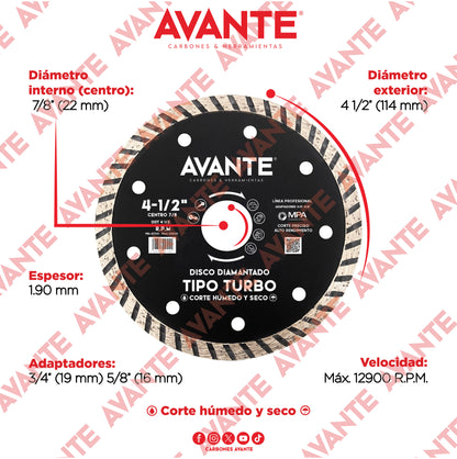 Disco Diamantado Avante Tipo Turbo 4-1/2" Corte Seco y Húmedo (13000 RPM) - 1 Pieza