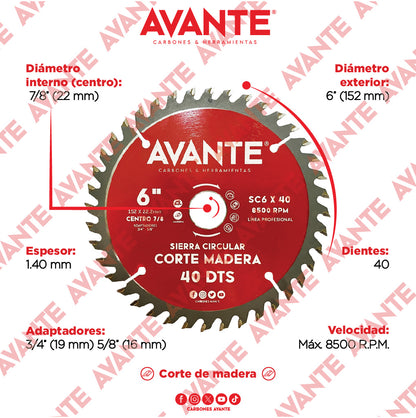 Sierra Circular Avante Para Madera 6" 40 Dientes (Carburo de Tungsteno) - 1 Pieza