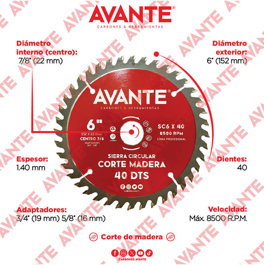 Sierra Circular Avante Para Madera 6" 40 Dientes (Carburo de Tungsteno) - 1 Pieza