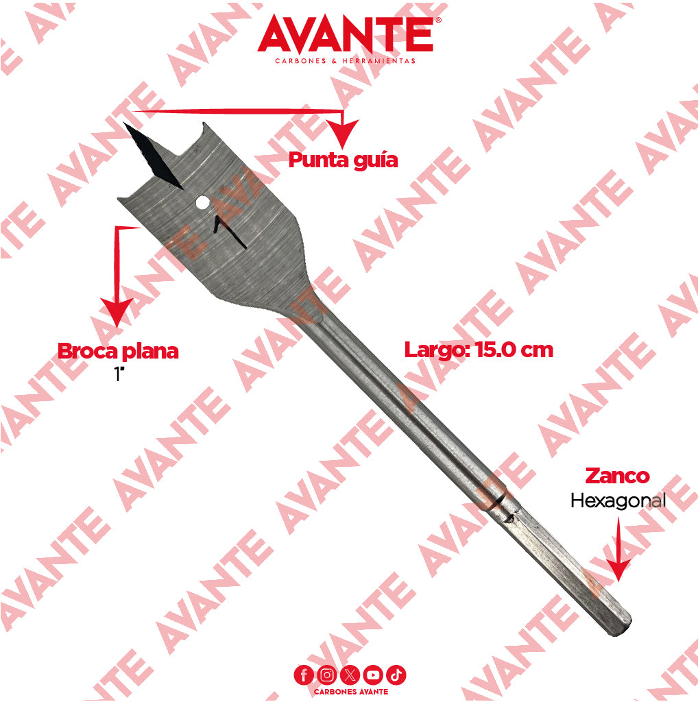 Broca Plana Avante Para Madera 1" Vástago Hexagonal - 1 Pieza