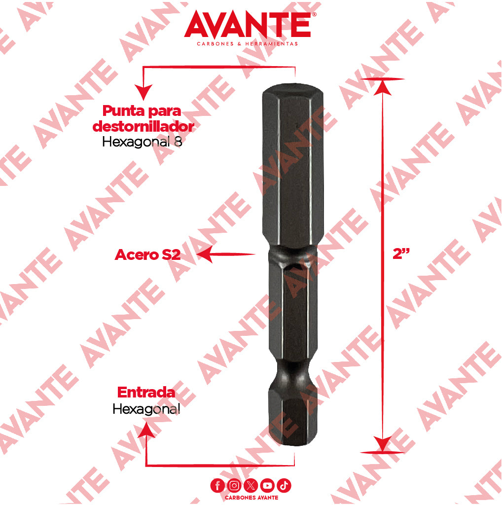 Puntas Magnéticas Avante Destornillador Hexagonal 8 Acero S2 - Paquete 10 Piezas
