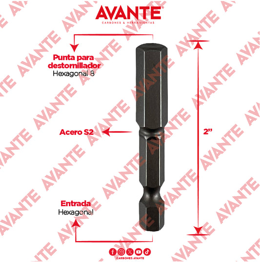 Puntas Magnéticas Avante Destornillador Hexagonal 8 Acero S2 - Paquete 10 Piezas