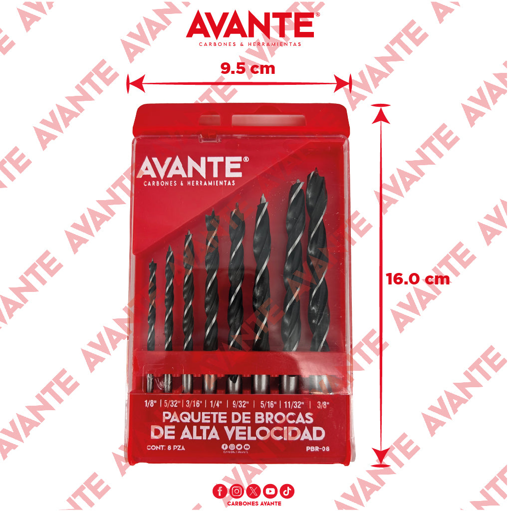 Paquete de Brocas Avante Para Madera HCS (1/8" a 3/8") - 8 Piezas