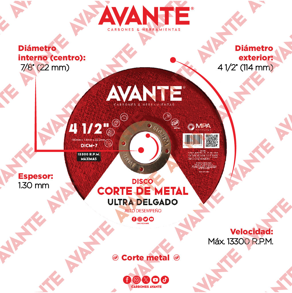Disco Avante Ultra Delgado de Corte Para Metal 4-1/2" x 1.0mm (13000 RPM) - 1 Pieza