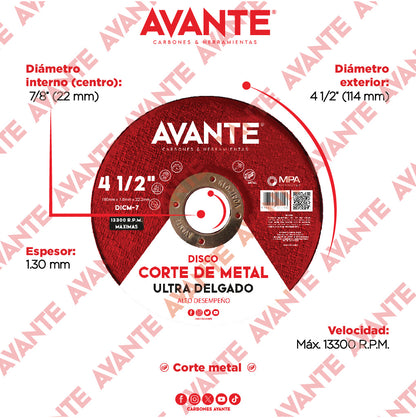 Disco Avante Ultra Delgado de Corte Para Metal 4-1/2" x 1.0mm (13000 RPM) - 1 Pieza