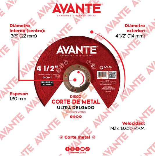 Disco Avante Ultra Delgado de Corte Para Metal 4-1/2" x 1.0mm (13000 RPM) - 1 Pieza