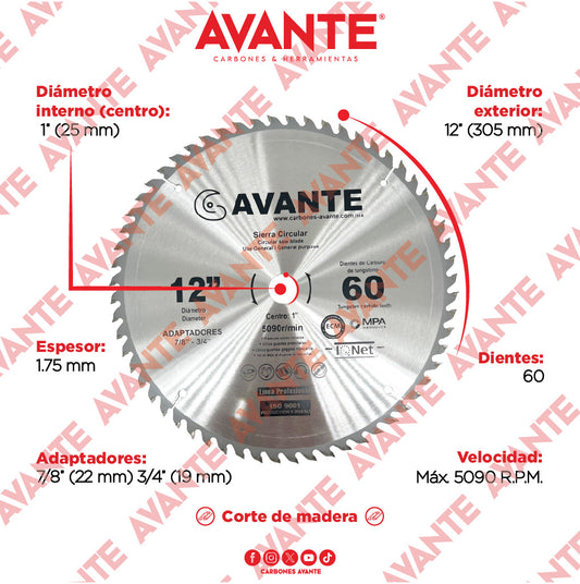 Sierra Circular Avante Para Madera 12" 60 Dientes (Carburo de Tungsteno) - 1 Pieza