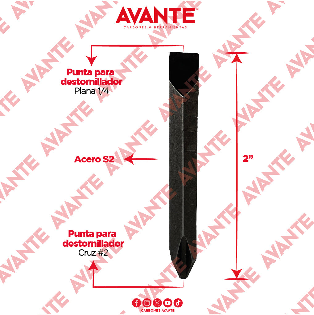 Puntas Magnéticas Avante Doble Combinada Plana 1/4" Y Cruz #2 Acero S2 - Paquete 10 Piezas