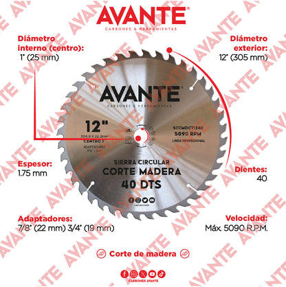Sierra Circular Avante Para Madera 12" 40 Dientes (Carburo de Tungsteno) - 1 Pieza