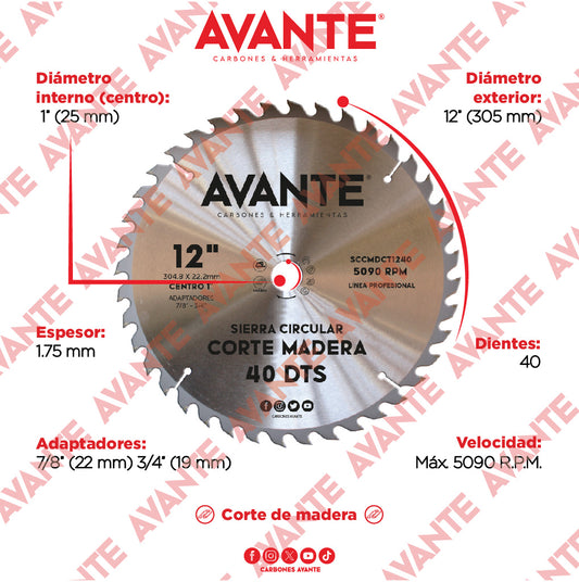 Sierra Circular Avante Para Madera 12" 40 Dientes (Carburo de Tungsteno) - 1 Pieza