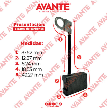 Carbones Avante Para Taladro DEWALT Y Esmeriladora BLACK & DECKER (CAP-88) - Paquete 5 Pares