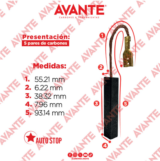 Carbones Avante Para Aspiradora Varios Modelos (CAP-68)- Paquete 5 Pares